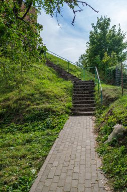 Yazın yeşil parktaki turizm yolunda çakıl, ahşap raylar ve ağaçlar var. Doğada rahatlama