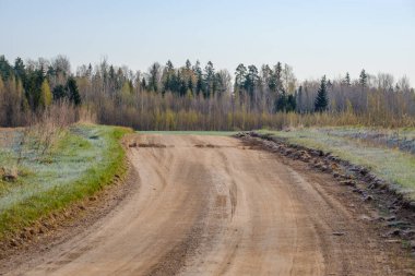 Yazın yeşil parktaki turizm yolunda çakıl, ahşap raylar ve ağaçlar var. Doğada rahatlama