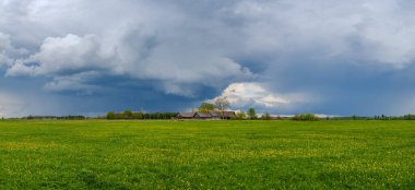 Kırsal alanlarda ve yaz aylarında yeşil yapraklar ve sarı çiçeklerle dağılmış yaz bulutları.