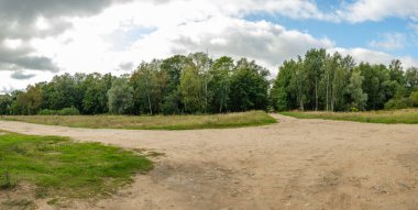 Yazın yeşil parktaki turizm yolunda çakıl, ahşap raylar ve ağaçlar var. Doğada rahatlama