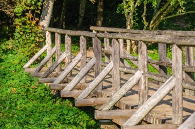 Yazın yeşil parktaki turizm yolunda çakıl, ahşap raylar ve ağaçlar var. Doğada rahatlama