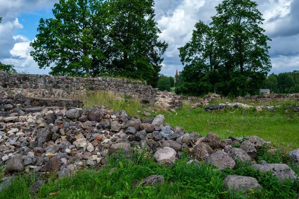 Yeşil yaz çayırındaki eski taş şatonun kalıntıları.