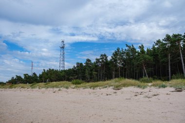 Beyaz kumlu ve sisli havada büyük kayalıklı baltık deniz plajı