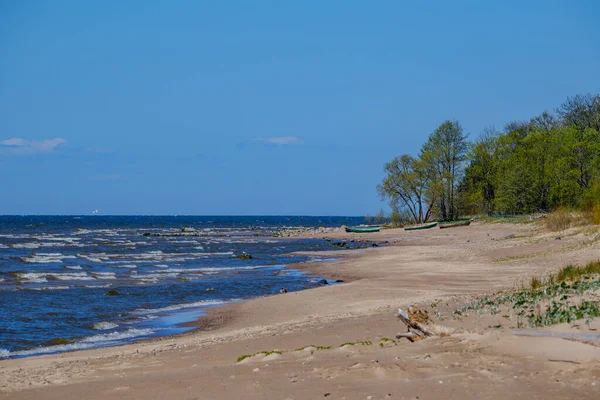 Балтійський Морський Пляж Білим Піском Великими Скелями Туманній Погоді — стокове фото