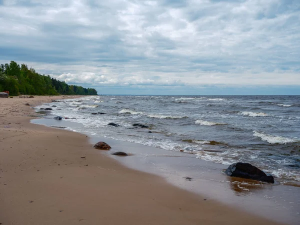 Балтійський Морський Пляж Білим Піском Великими Скелями Туманній Погоді — стокове фото
