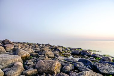 Sütlü su ile gün batımında kayalık plaj