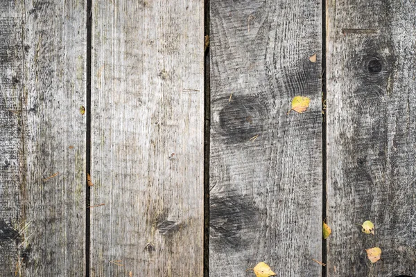 Old wooden planks covered with leaves — Stock Photo, Image