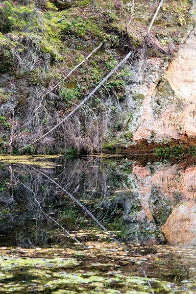 Oude rivieroever met reflecties in water — Stockfoto