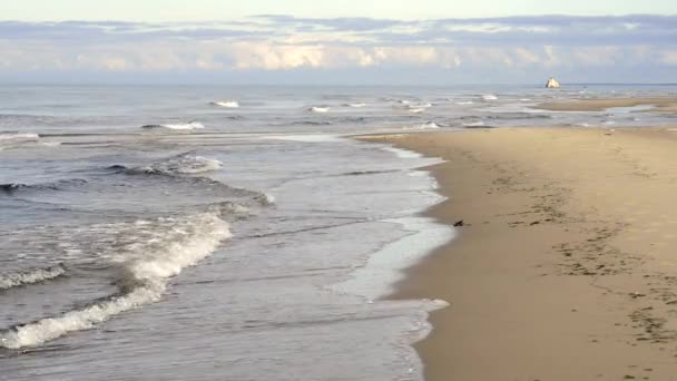 Mañana brumosa junto al mar con olas rompiendo — Vídeo de stock