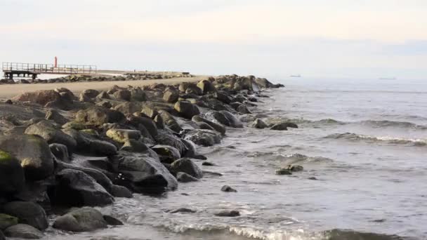 Mlhavé ráno u moře s prolomit vlny — Stock video