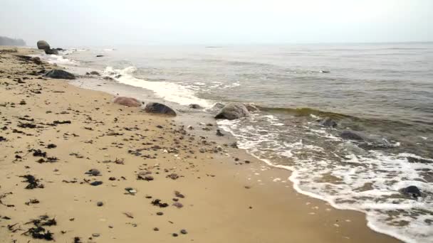 Mistige ochtend door de zee met de golven breken — Stockvideo