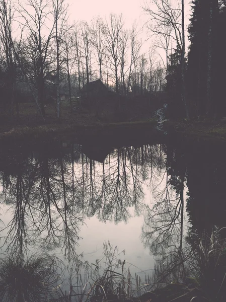 Matin clair au bord d'un petit lac avec des reflets. Vintage . — Photo