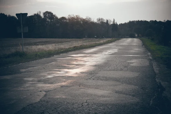 Camino de asfalto húmedo con reflejos solares. Aspecto de película granulada retro . —  Fotos de Stock