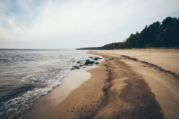 Shoreline of Baltic sea beach with rocks and sand dunes. Retro g — Stock Photo, Image