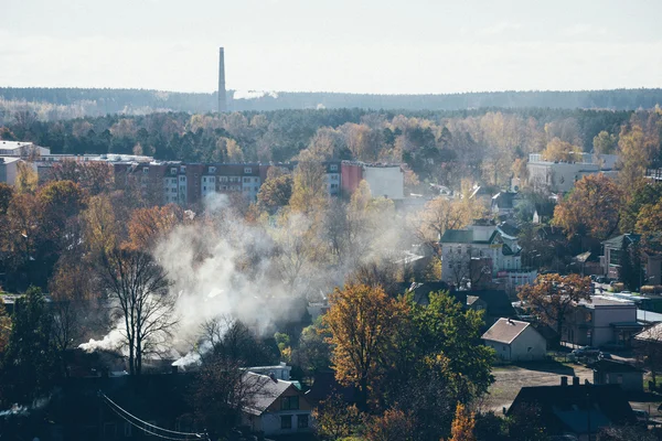 小镇全景视图从上面在秋天。复古木纹 — 图库照片