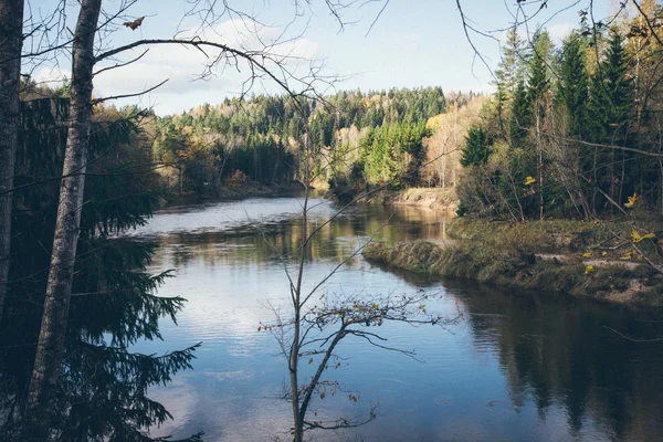 Río de color otoño escénico en el país. Aspecto de película granulada retro . —  Fotos de Stock