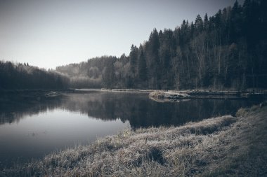 ülkede doğal sonbahar renkli nehir. Retro grenli film bak.