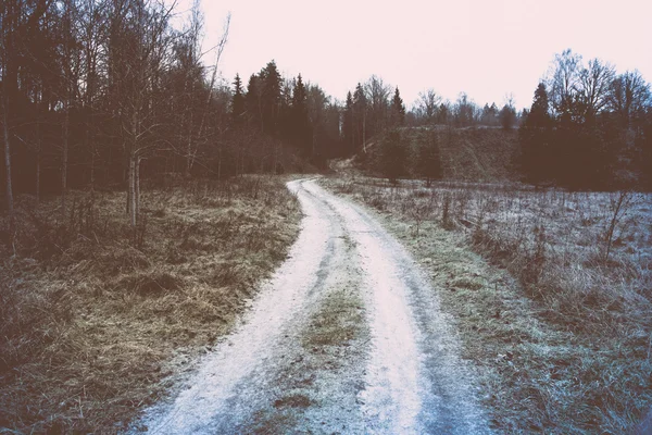 Paesaggio rurale ghiacciato con alberi e terreni. Polaroid vintage retrò — Foto Stock
