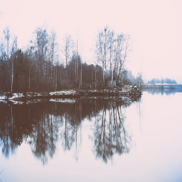 Paisaje frío del invierno con el río congelado. Polaroid retro vintage — Foto de Stock