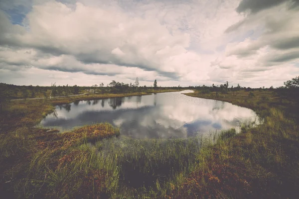Vista al pantano con lagos y sendero - retro, vintage —  Fotos de Stock