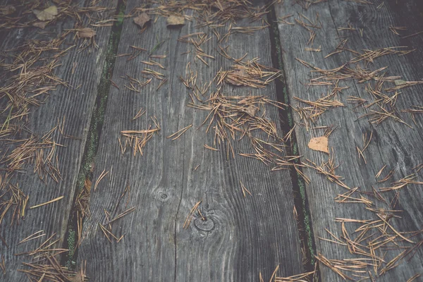 Stare drewniane deski pokryte liśćmi - retro, vintage — Zdjęcie stockowe