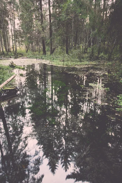 Oude rivier bank met reflecties in water - retro, vintage — Stockfoto