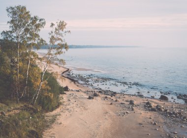 denize Baltık kıyısındaki havadan görünümü plaj kayalar ile ve 
