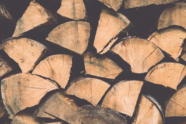 Gestapeltes Brennholz aus Fichten im Wald - Retro, Jahrgang — Stockfoto