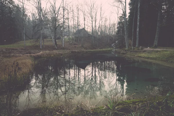 Matin clair au bord du petit lac avec reflets - rétro, vintage — Photo