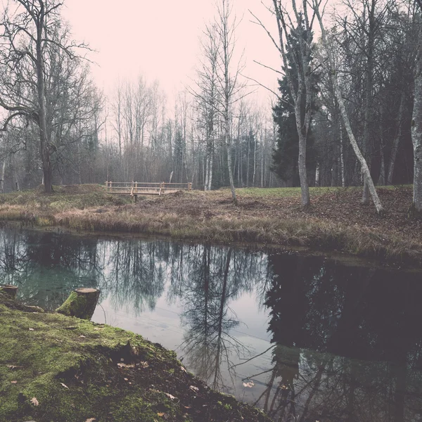 Ясное утро у маленького озера с отражениями - ретро, винтаж — стоковое фото