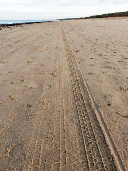 Autobandensporen op het strand zand — Stockfoto