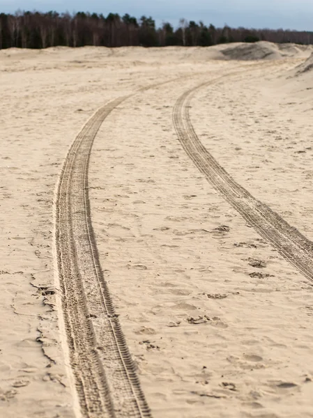 Autobandensporen op het strand zand — Stockfoto