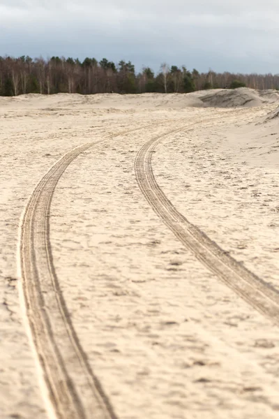 Autobandensporen op het strand zand — Stockfoto