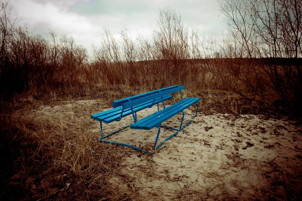 Bangku biru di bukit pasir pantai - tampilan retro vintage — Stok Foto