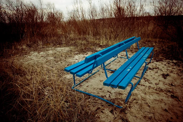 Blue bench on the beach dunes - retro vintage look — Stock Photo, Image