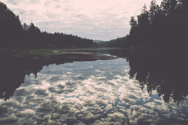 Mountain river in summer surrounded by forest - vintage retro — Stock Photo, Image