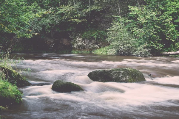 Ορεινό ποτάμι το καλοκαίρι που περιβάλλεται από δάσος - ρετρό παλιάς χρονολογίας — Φωτογραφία Αρχείου