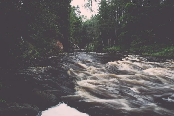 Ορεινό ποτάμι το καλοκαίρι που περιβάλλεται από δάσος - ρετρό παλιάς χρονολογίας — Φωτογραφία Αρχείου