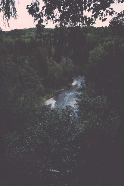 Mountain river in summer surrounded by forest - vintage retro — Stock Photo, Image