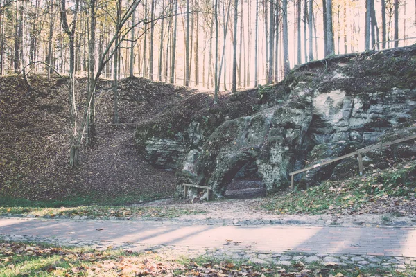 Ancient sandstone cliffs in the Gaujas National Park, Latvia - v — Stock Photo, Image