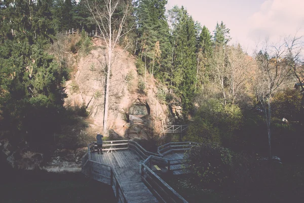 Стародавні пісковика скелі в національному парку Gaujas, Латвія - v — стокове фото