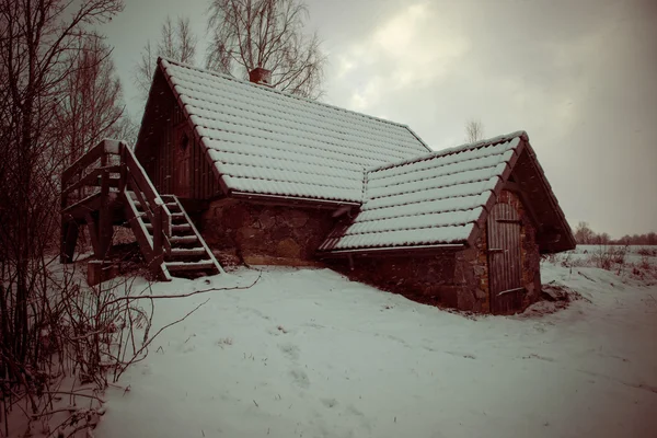 农村的平房，在冬季农村-复古复古 — 图库照片