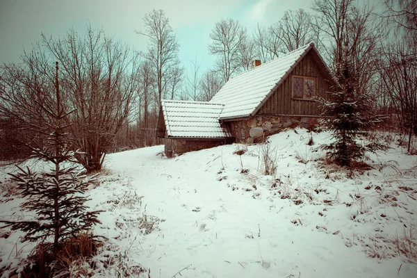Lantliga stuga vintertid på landsbygden - retro vintage — Stockfoto