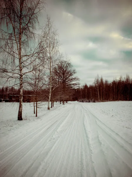 Country snowy road in winter - retro vintage — Stock Photo, Image