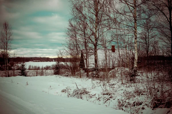 Venkovské chalupy v zimě v přírodě - retro vintage — Stock fotografie