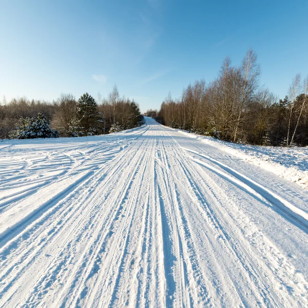 Route enneigée d'hiver avec marquage des pneus — Photo