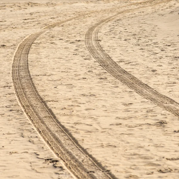 Trilhas de pneus de carro na areia da praia — Fotografia de Stock