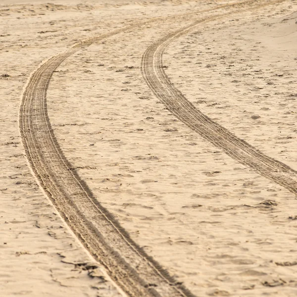 Autoreifenspuren im Sand am Strand Stockfoto