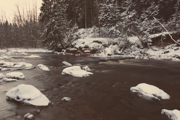 Замороженный зимний речной пейзаж - ретро-винтаж — стоковое фото