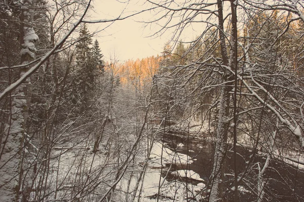 Frozen river vinterlandskap - retro vintage — Stockfoto